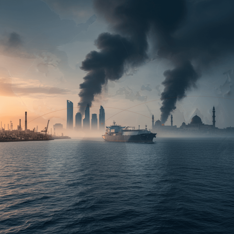 An LNG tanker sails on water with city skylines, one industrial and one with mosques, under a smoky sky with a map overlay.
