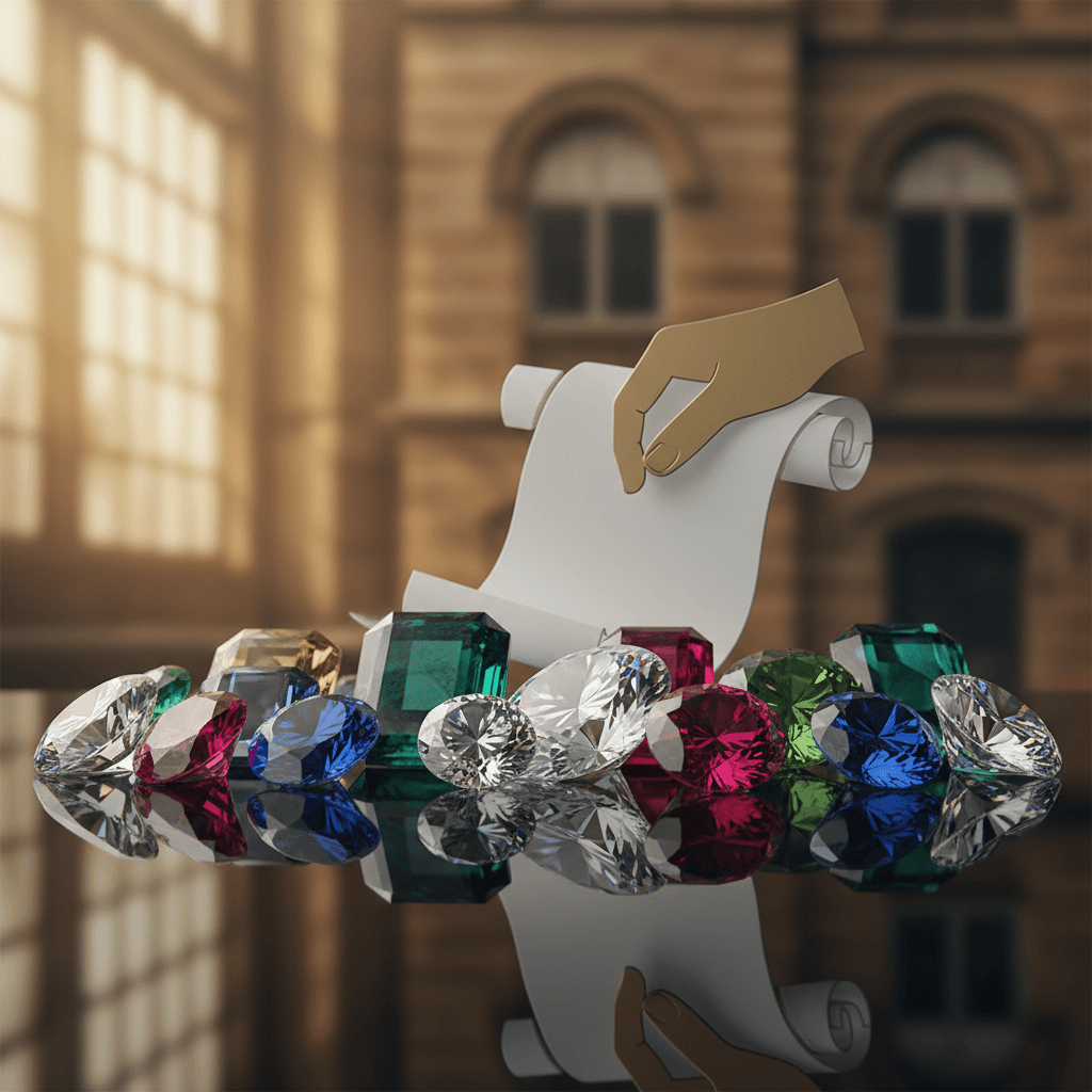 A golden hand unfurling a scroll, surrounded by an array of polished, multicolored gemstones, reflecting a professional setting.