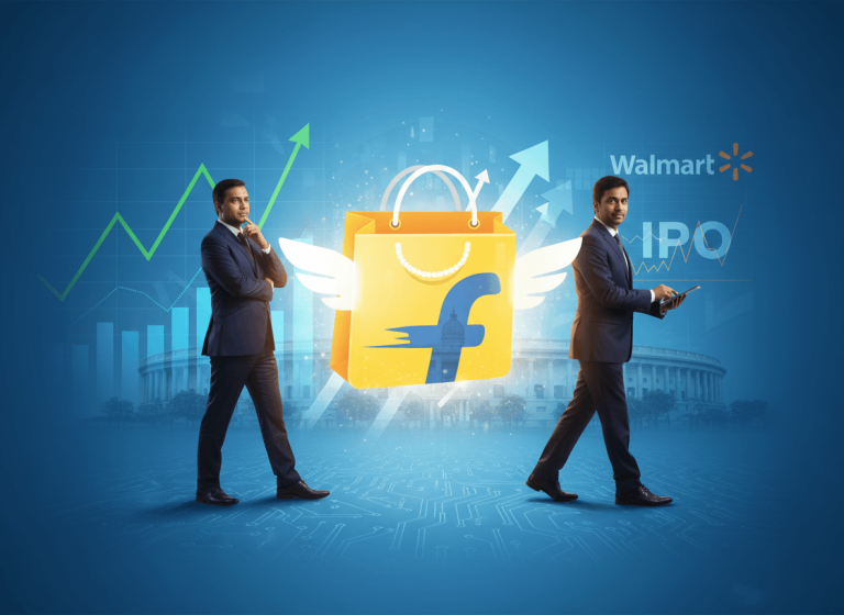 Two businessmen, one looking confident and the other walking purposefully, flank a winged shopping bag with growth charts.