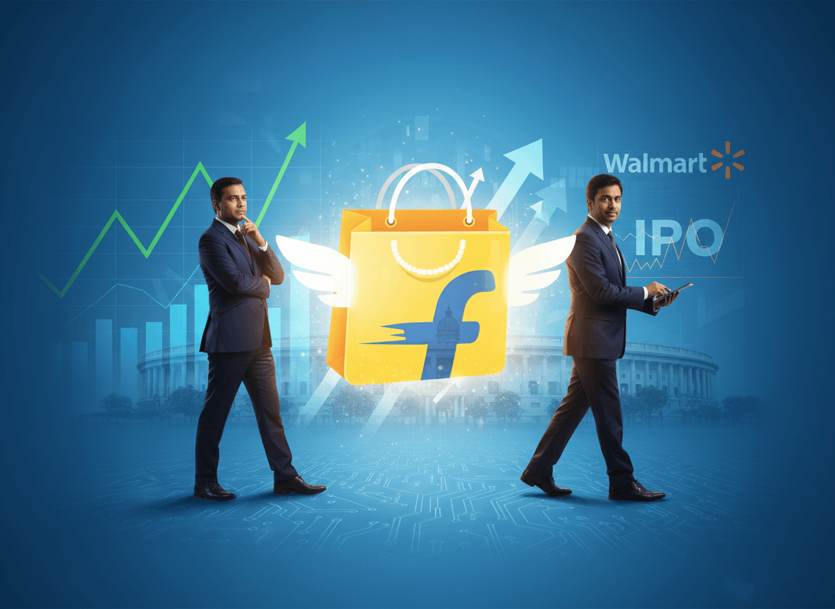 Two businessmen, one looking confident and the other walking purposefully, flank a winged shopping bag with growth charts.