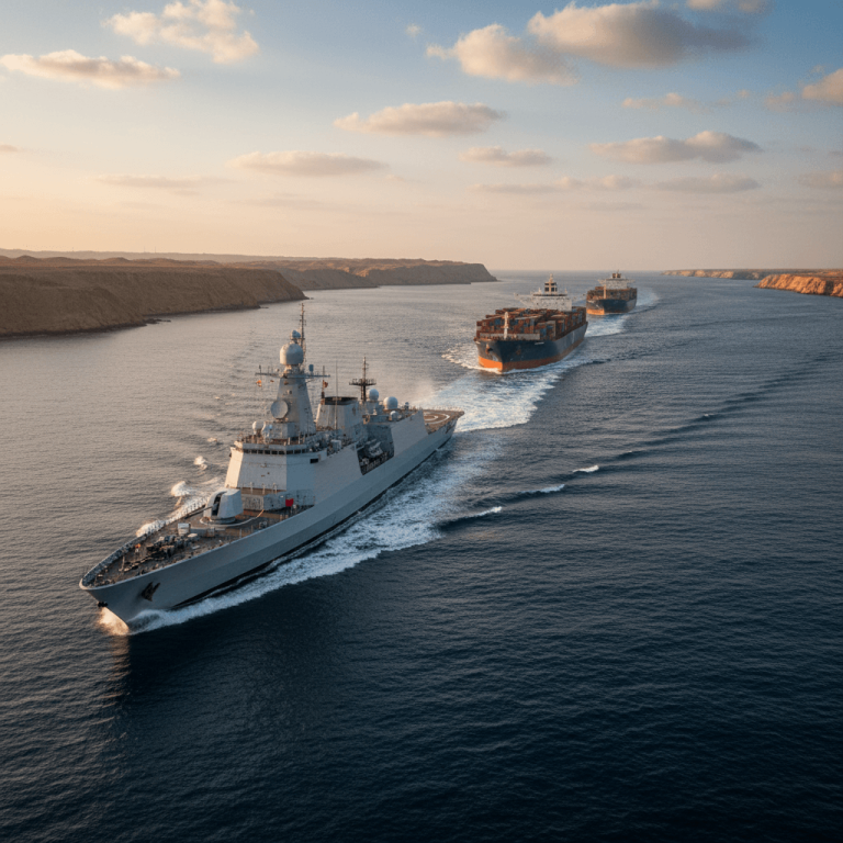 An Indian Navy warship leads two large cargo ships through a narrow, calm waterway with desert shores at sunset.