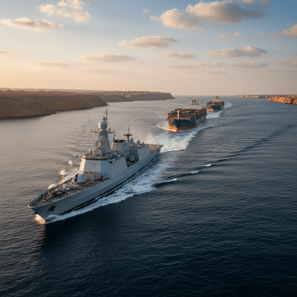 An Indian Navy warship leads two large cargo ships through a narrow, calm waterway with desert shores at sunset.