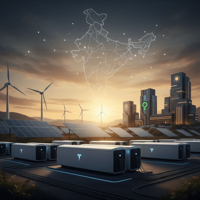 A futuristic landscape with Tesla energy storage units, solar panels, wind turbines, and a glowing map of India.