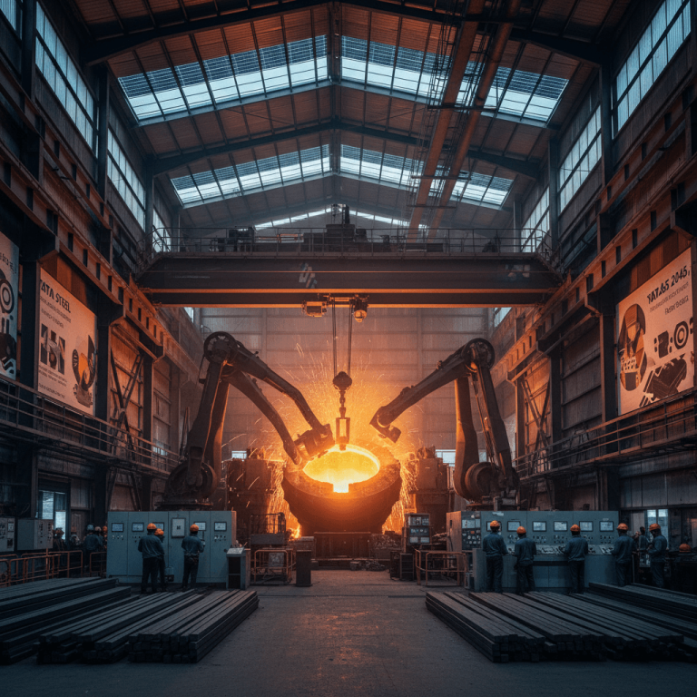 An interior view of a modern Indian steel factory with an electric arc furnace glowing brightly as workers monitor the process.