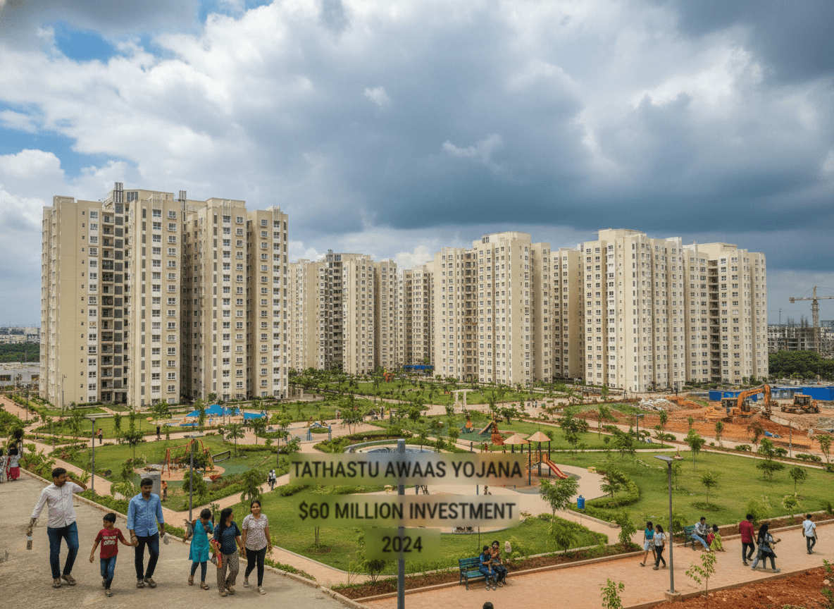 An aerial view of a large, modern affordable housing complex in Haryana under a cloudy sky, with green spaces and people.