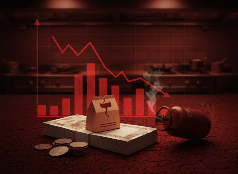 A red-toned image with a downward trend graph, money, a cracked food delivery bag, and a smoking LPG cylinder.