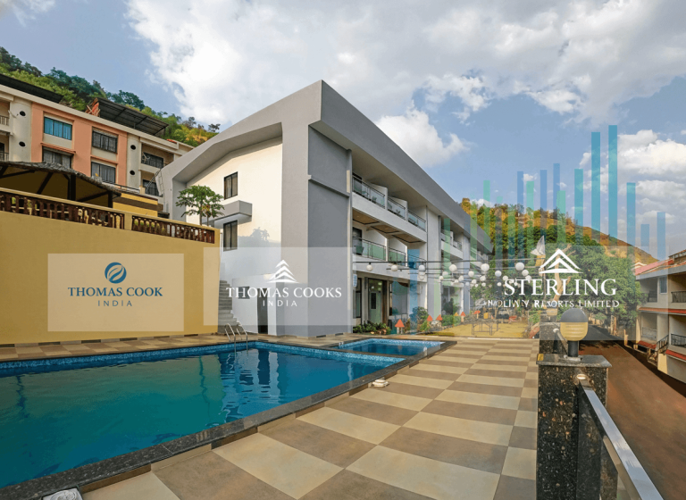 A modern resort building with a swimming pool, overlaid with subtle financial growth charts, symbolizing the demerger.