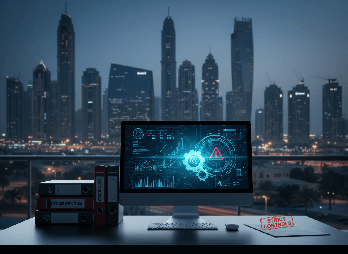 A modern office desk with a computer displaying a digital interface showing graphs and a warning icon, with Dubai's skyline in the background at dusk.