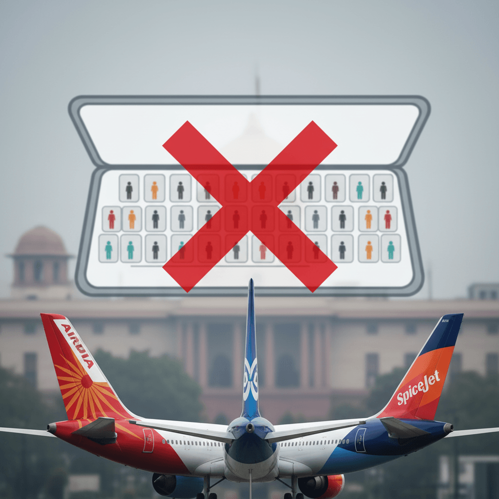 An airplane's tailfins against a government building, with an overlay of a crossed-out seat map, symbolizing policy conflict.