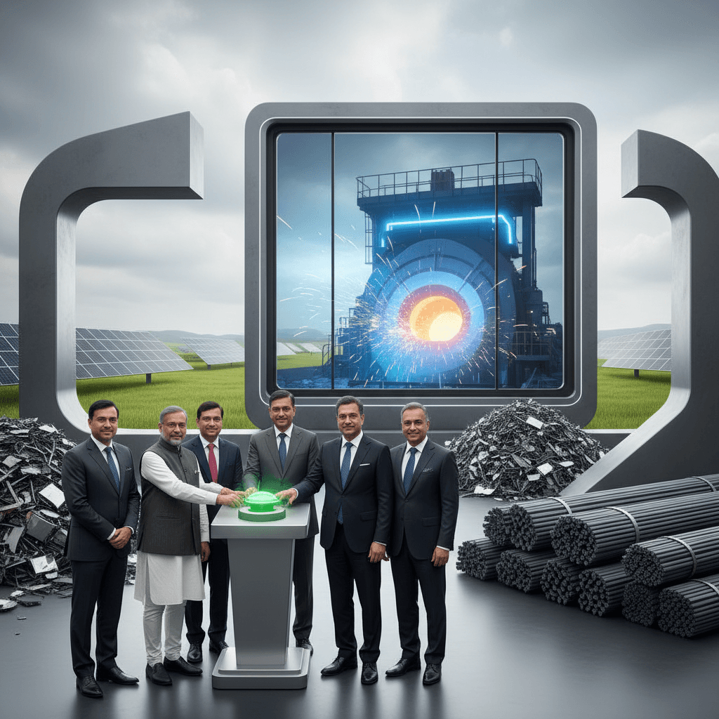 A group of men in suits and traditional attire at the inauguration of a steel plant, with solar panels and steel rebar.