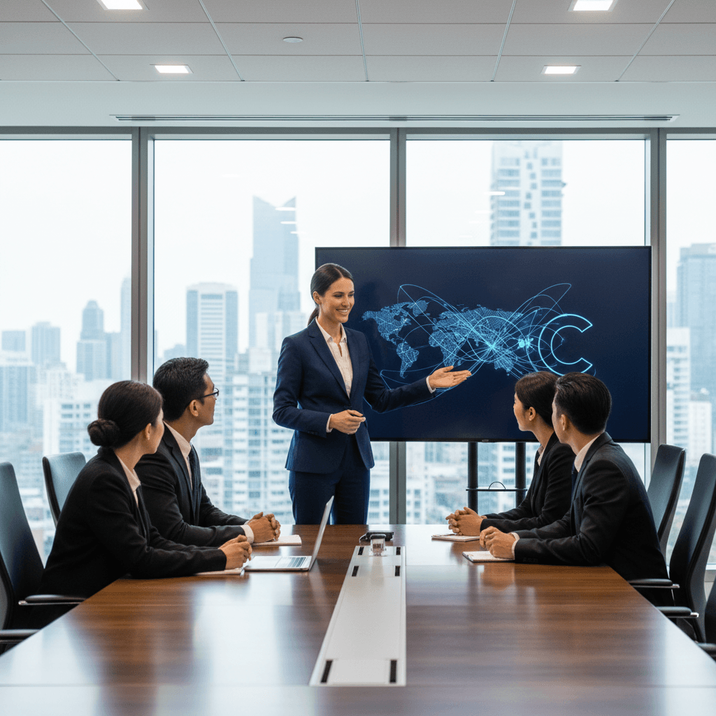 A professional woman in a suit presents a brand strategy on a large screen to a team in a modern conference room.