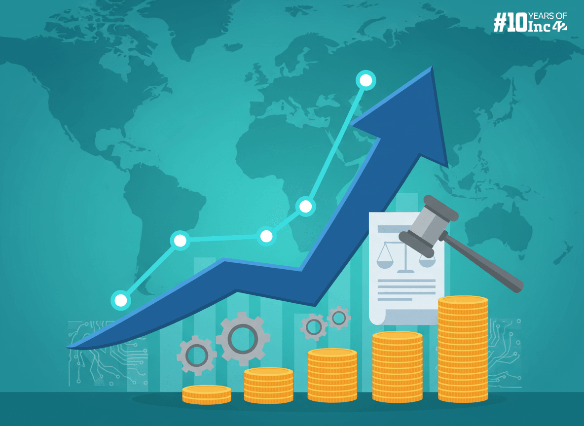An upward-trending arrow and stacked coins symbolize growth, while a gavel and legal document represent the ongoing dispute.