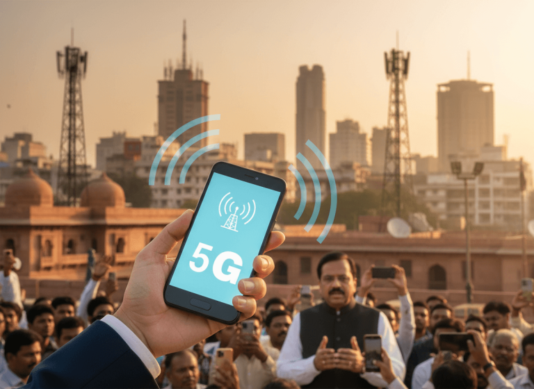 A hand holds a smartphone displaying a 5G signal icon, with Indian cityscape and a politician in the background.