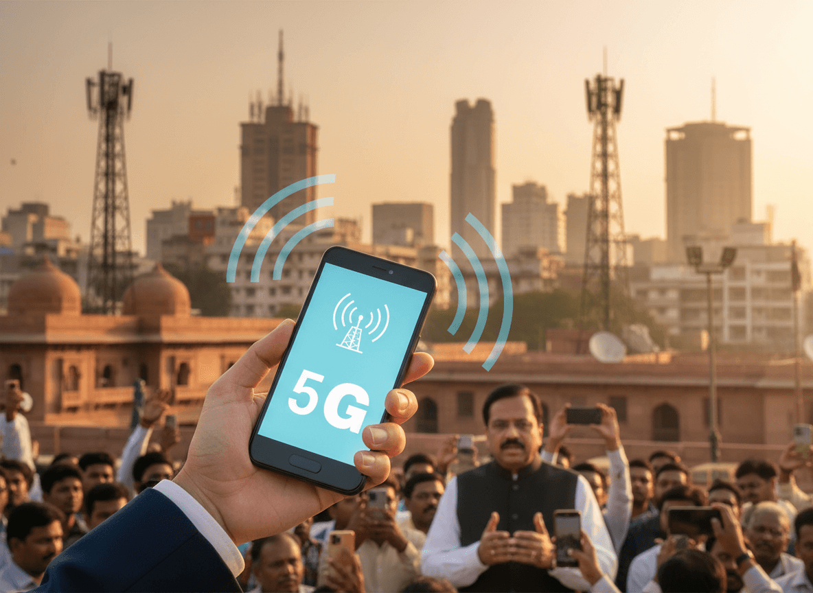 A hand holds a smartphone displaying a 5G signal icon, with Indian cityscape and a politician in the background.