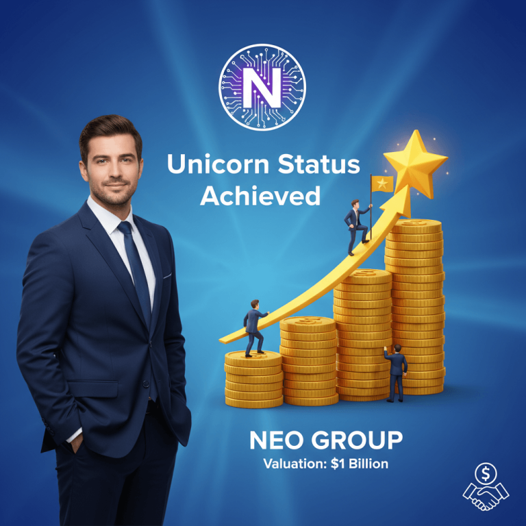 A professional man in a suit stands next to a rising graph of gold coins, symbolizing growth and success.