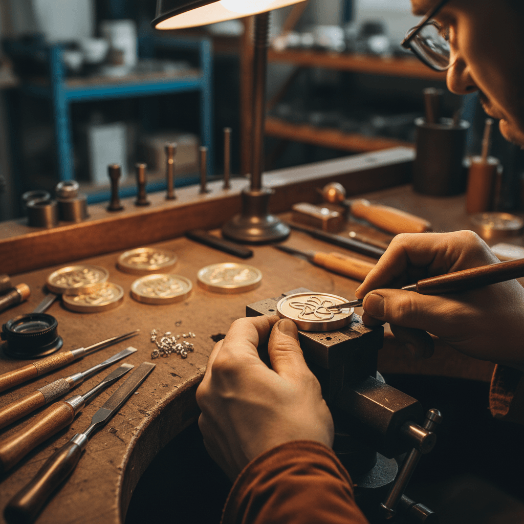 Close-up of hands meticulously hand-engraving a custom metal seal insert at a workbench with tools.