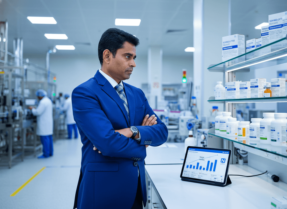 A professional in a suit stands in a pharmaceutical facility, looking at a tablet displaying market data, with medicine shelves nearby.