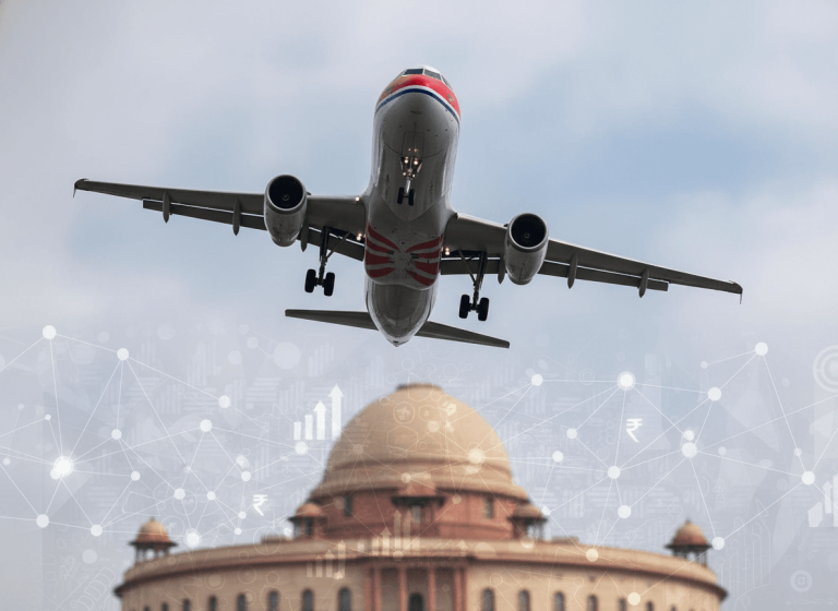 A passenger airplane flying over the Supreme Court of India building, with data overlays suggesting policy and economic impact.