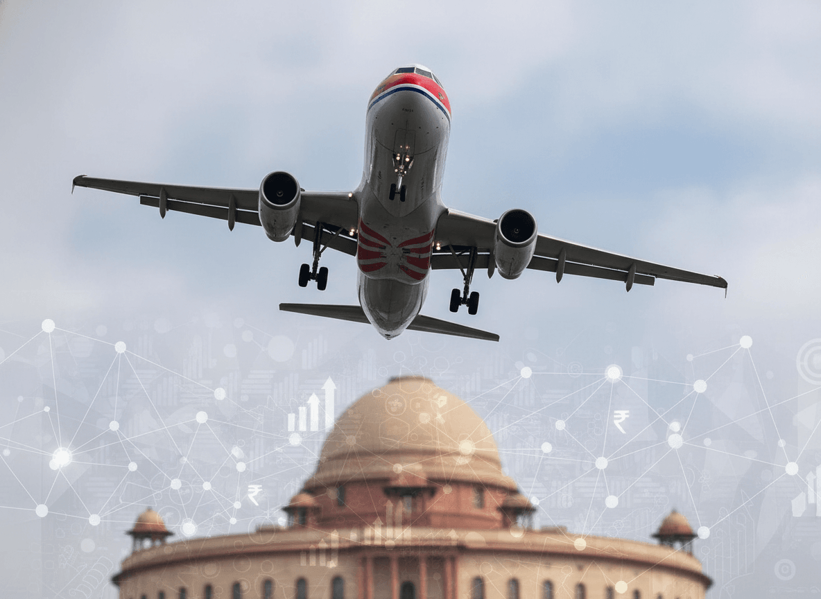 A passenger airplane flying over the Supreme Court of India building, with data overlays suggesting policy and economic impact.