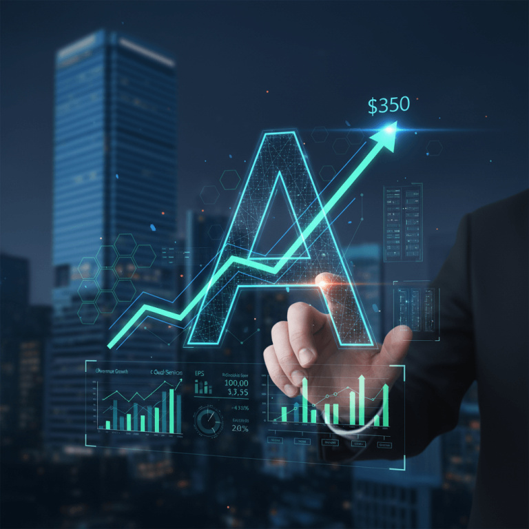 A hand interacting with a holographic financial display showing an upward stock trend and the target price of $350, with a city background.