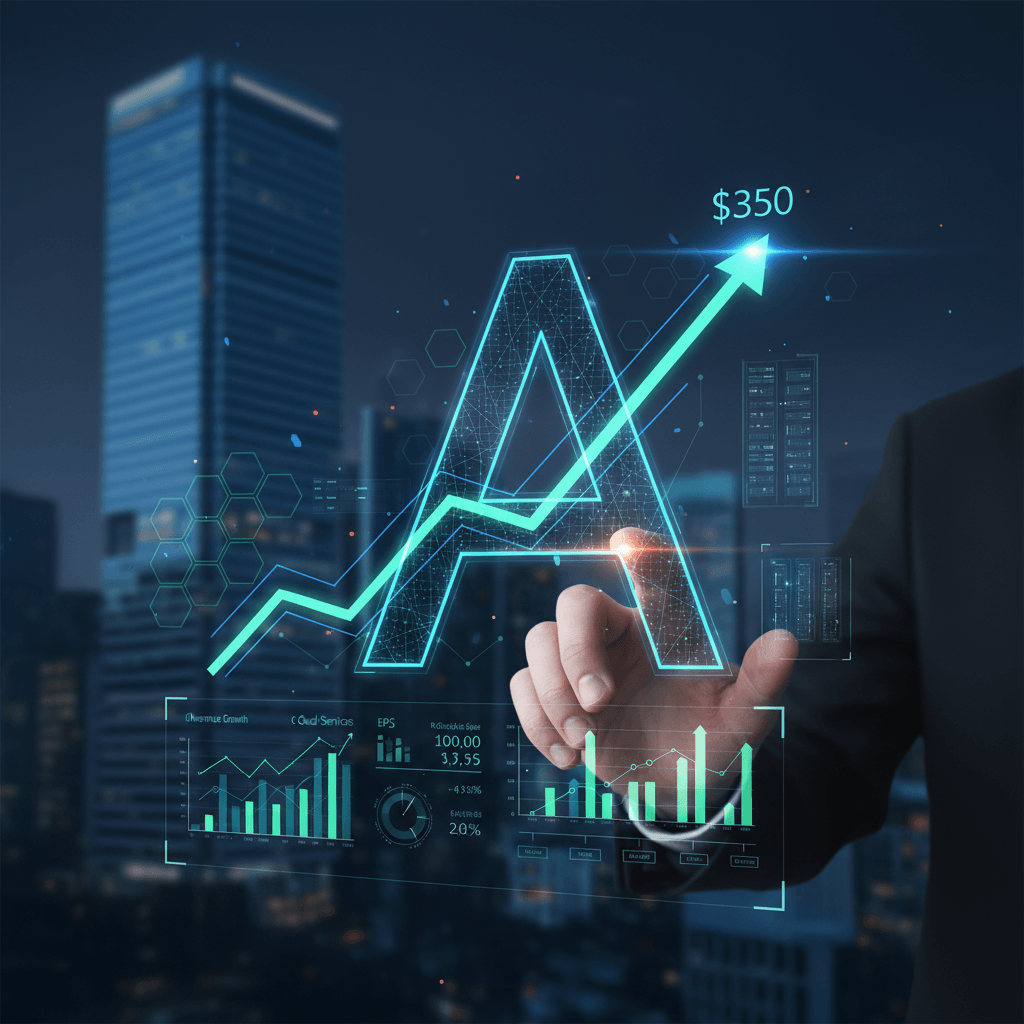 A hand interacting with a holographic financial display showing an upward stock trend and the target price of $350, with a city background.