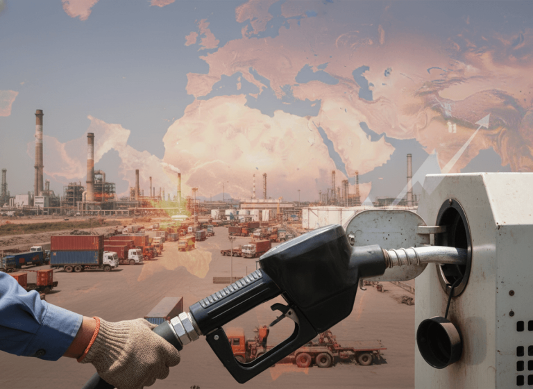 A hand holds a diesel pump nozzle filling a tank, with an oil refinery, trucks, and a subtle world map in the background.