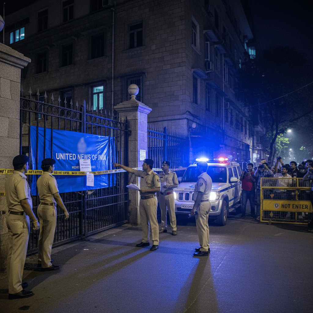 Police officers stand outside a news agency building with a "sealed" notice, a police vehicle with flashing lights, and onlookers.