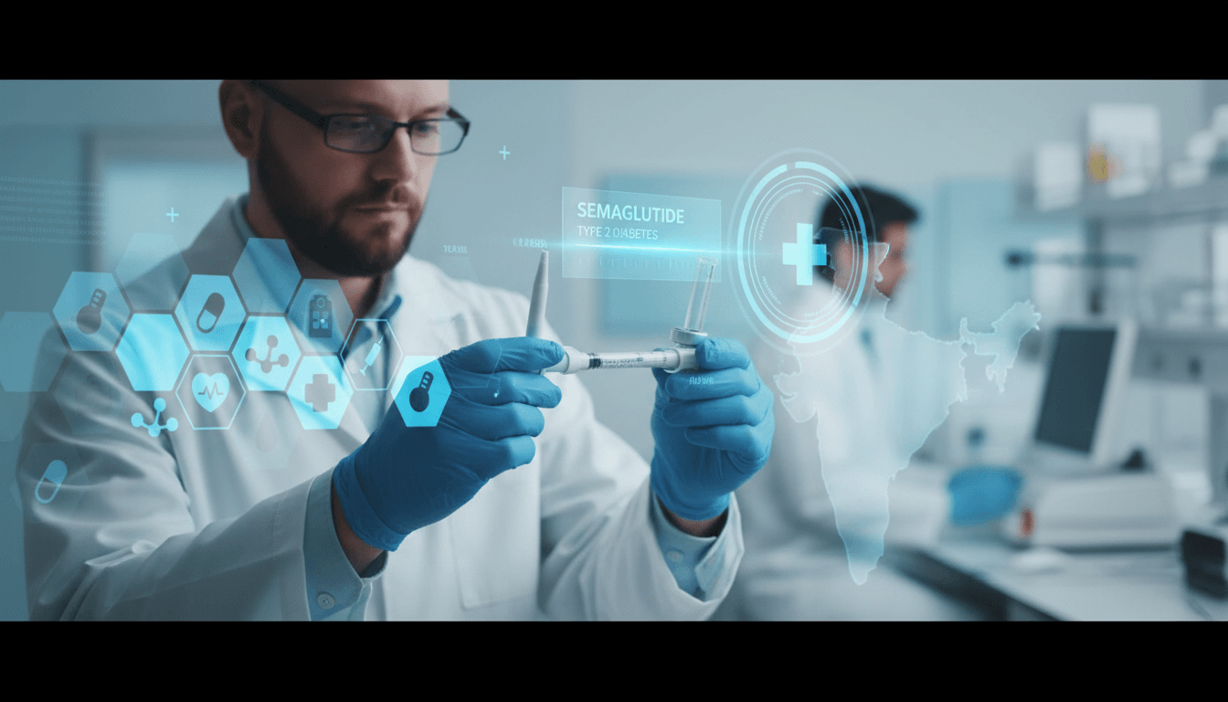 A scientist in a lab coat and blue gloves holding a semaglutide injection, with a holographic display of India and medical icons.