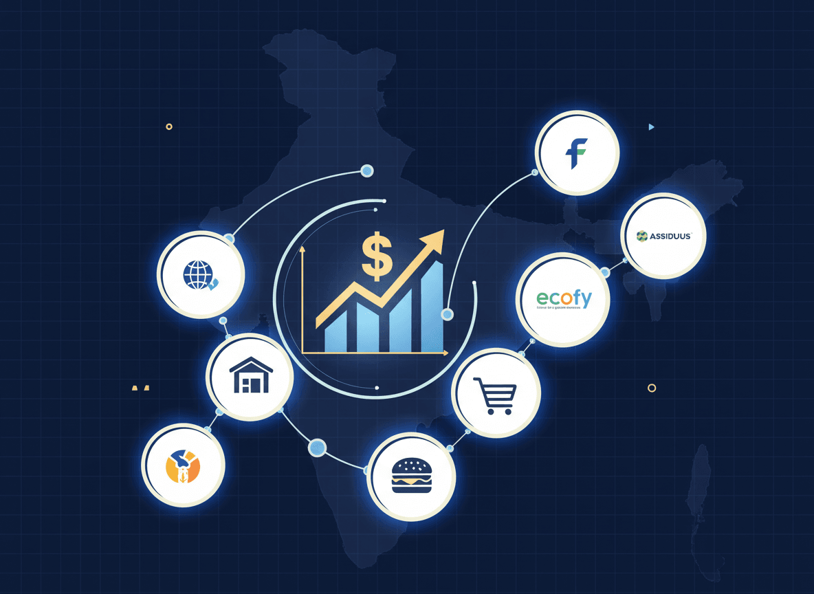 An abstract illustration representing Indian startup funding, with a map of India and interconnected icons for various sectors.