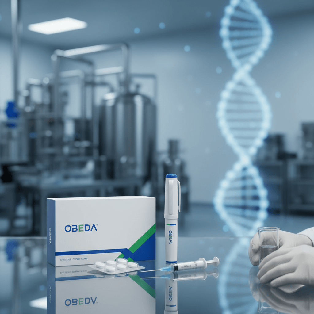 Medical professional with Obeda medication, syringe, and DNA helix in a sterile pharmaceutical manufacturing lab.