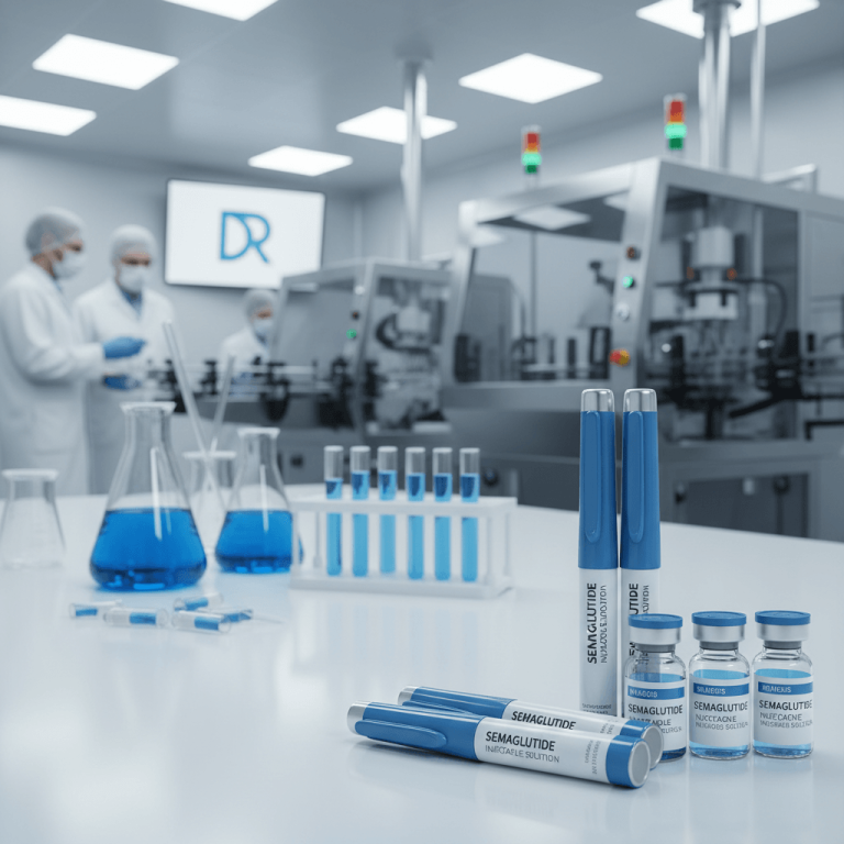 Semaglutide injectables and vials on a lab bench with scientists and manufacturing equipment in the background.