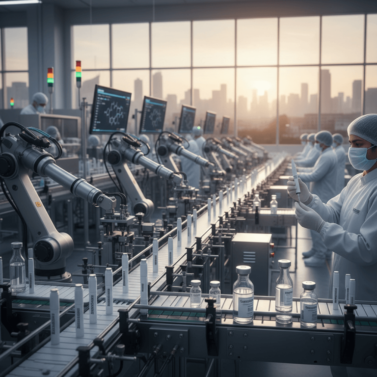 A modern pharmaceutical manufacturing facility with robotic arms and human workers in clean suits overseeing the production of generic semaglutide vials and pens.