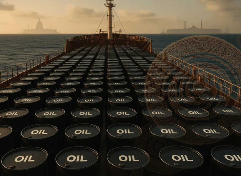 A large oil tanker loaded with numerous oil barrels sailing on the ocean at sunset, with distant city skylines.