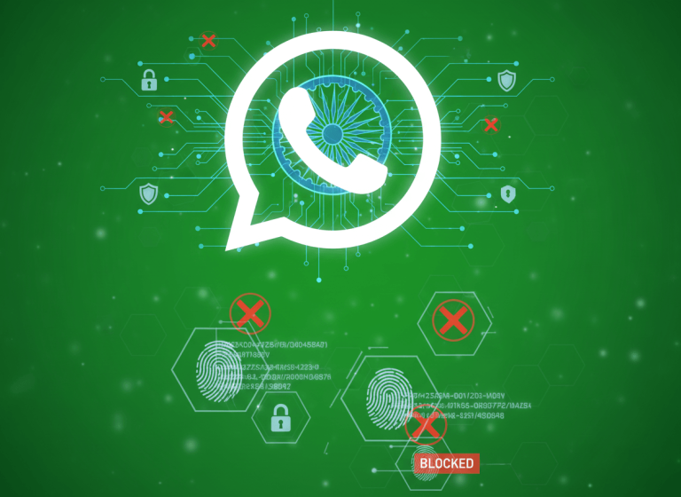 A digital illustration representing WhatsApp's role in combating digital arrest scams in India, with security and blocking symbols.
