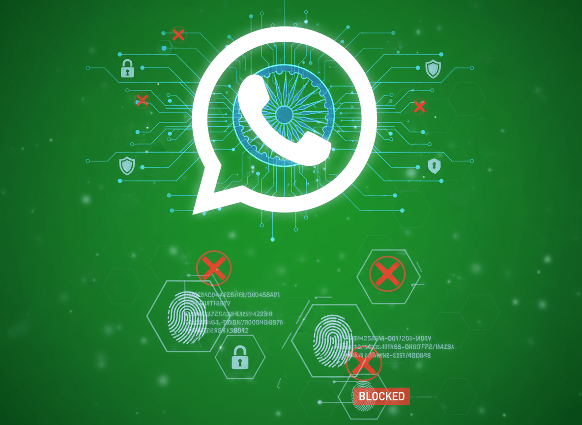 A digital illustration representing WhatsApp's role in combating digital arrest scams in India, with security and blocking symbols.