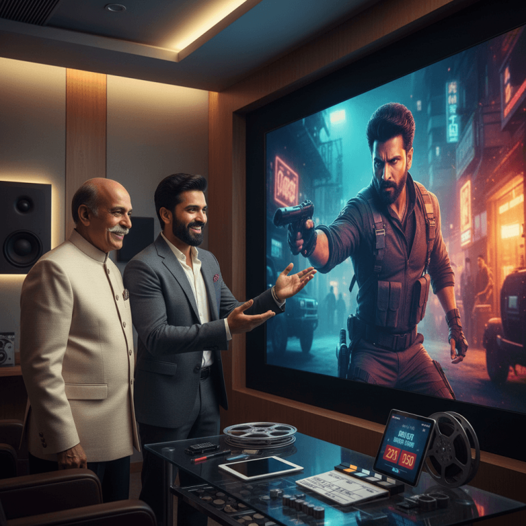 Rakesh Roshan and Aditya Dhar in a screening room, looking at Ranveer Singh on a large screen from 'Dhurandhar'.