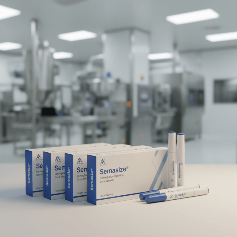 Semaglutide injection pens and packaged boxes are arranged on a white surface within a clean, blurred pharmaceutical lab.