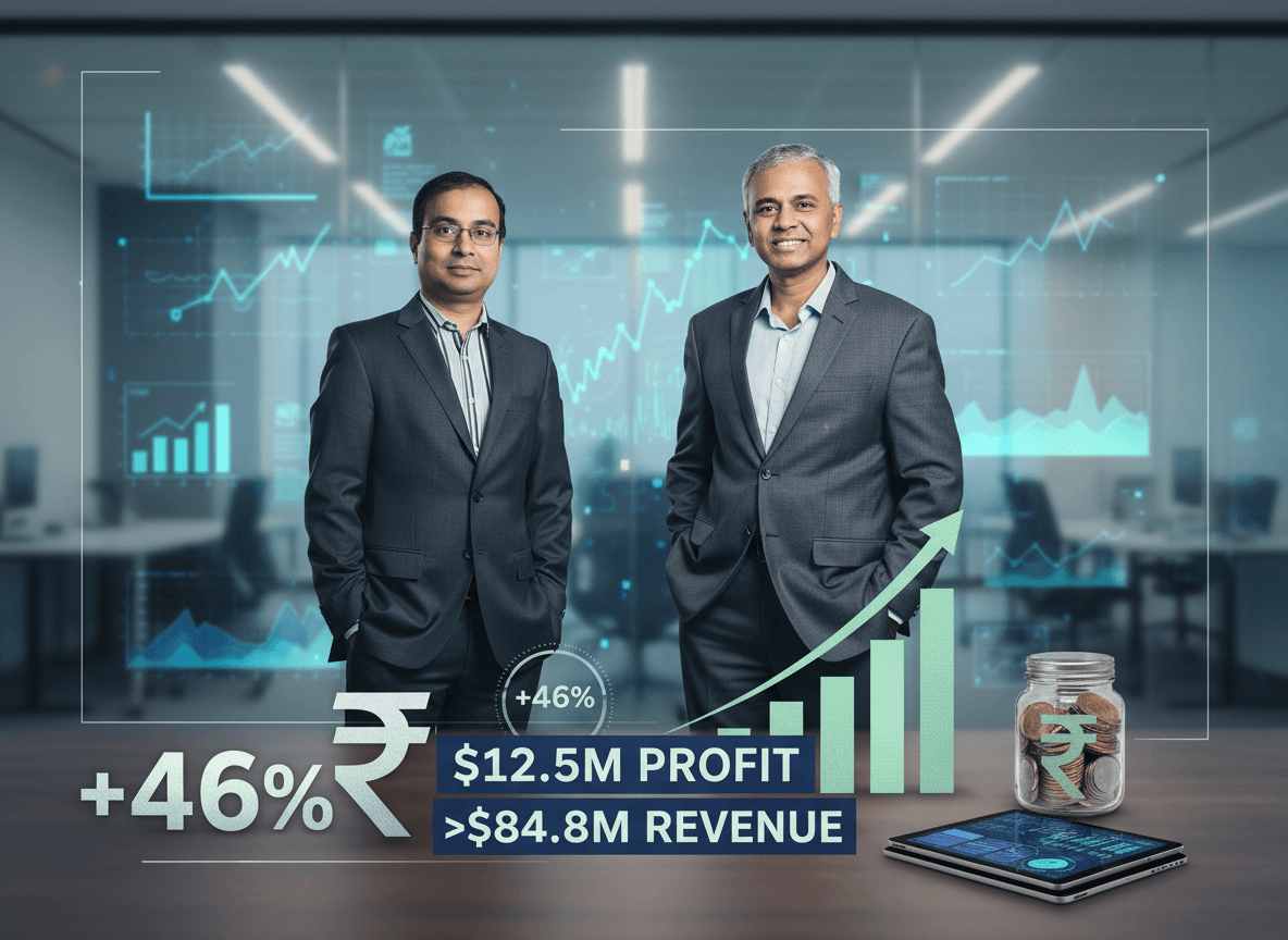 Two male executives in suits stand confidently in a modern office with holographic financial charts and data overlays.