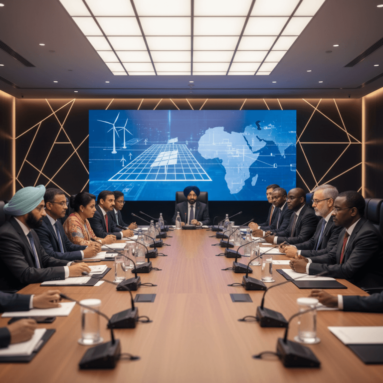 Delegates from India and African nations at a conference table discussing energy transition, with a digital map of Africa and renewable energy symbols on a large screen.