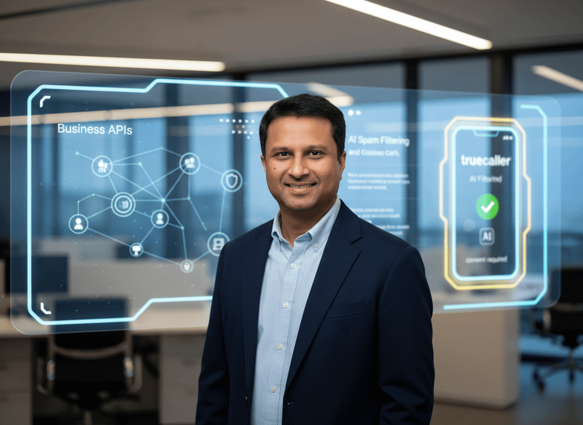 A man in a suit stands in an office with futuristic translucent screens displaying "Business APIs" and "AI Spam Filtering."