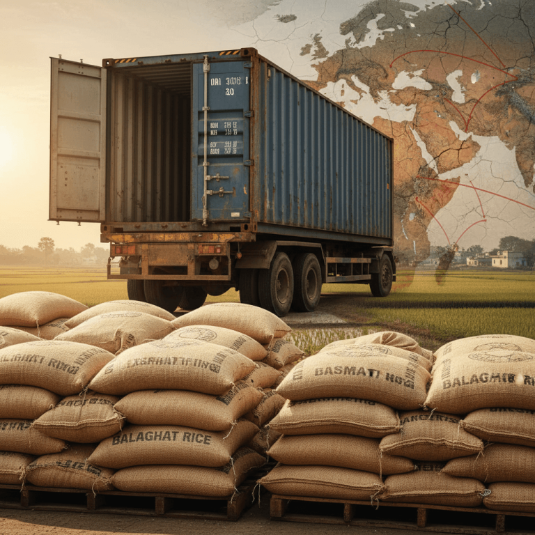Sacks of rice labeled "Basmati Rice" and "Balaghat Rice" in foreground, with a shipping container on a truck.