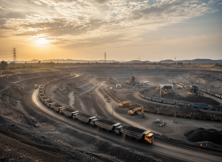 A vast open-pit coal mine in India at sunset, with trucks and trains transporting coal, power lines visible.