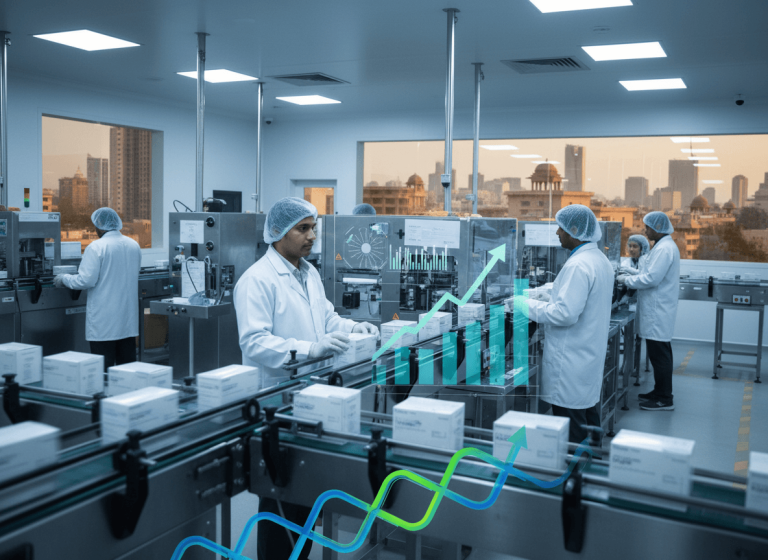 Pharmaceutical workers in cleanroom attire oversee packaging on a conveyor belt in a modern Indian factory.