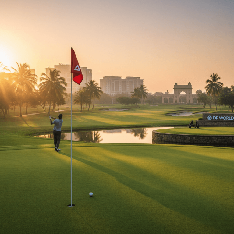 A golfer takes a swing on a lush green course at sunrise, with a flag, water features, and Indian architecture in the background.