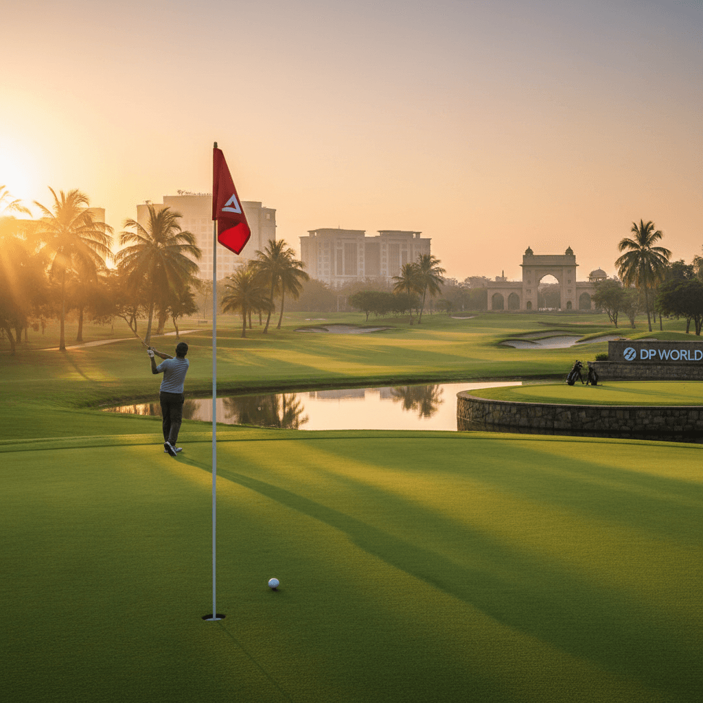 A golfer takes a swing on a lush green course at sunrise, with a flag, water features, and Indian architecture in the background.