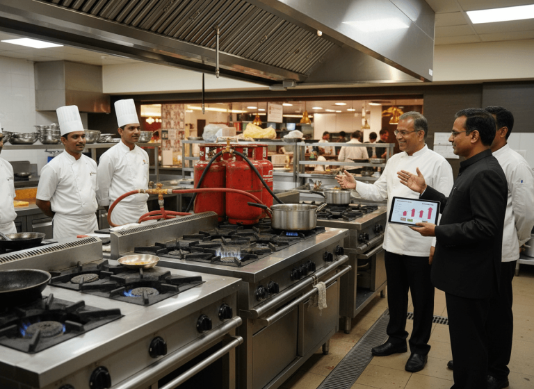 A government official and a chef discuss LPG allocation in a bustling commercial kitchen with cooking stations.