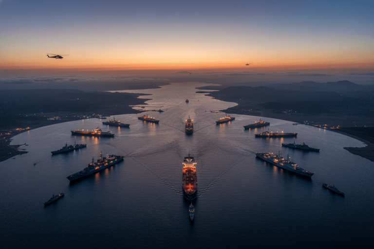 An aerial view of a large naval fleet navigating the Strait of Hormuz at sunset, with mountains and land visible.