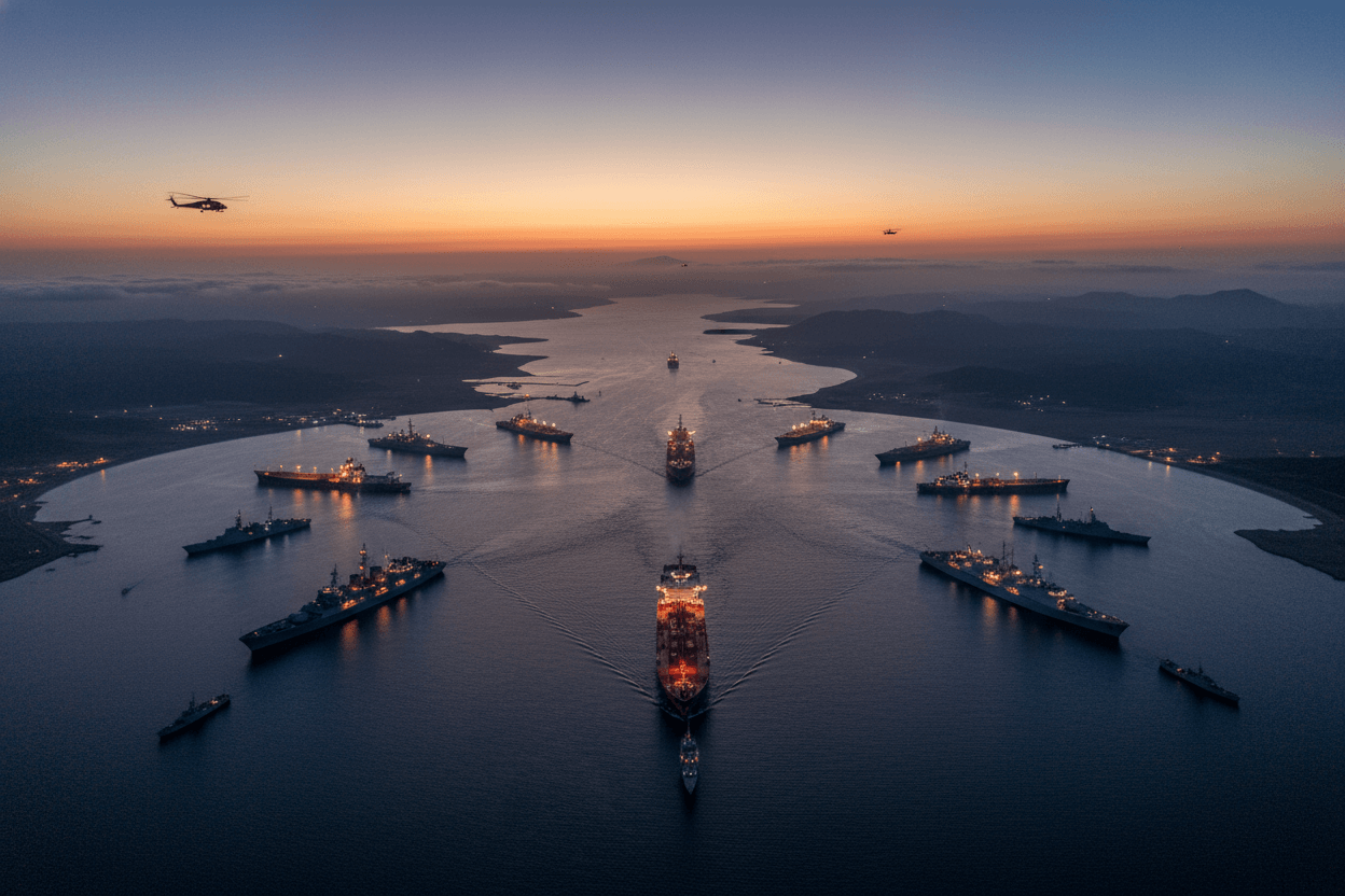 An aerial view of a large naval fleet navigating the Strait of Hormuz at sunset, with mountains and land visible.