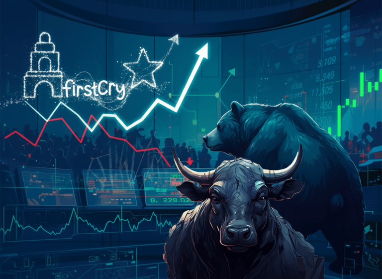 Bull and bear market figures in front of a digital stock chart showing an upward trend and the "FirstCry" logo.