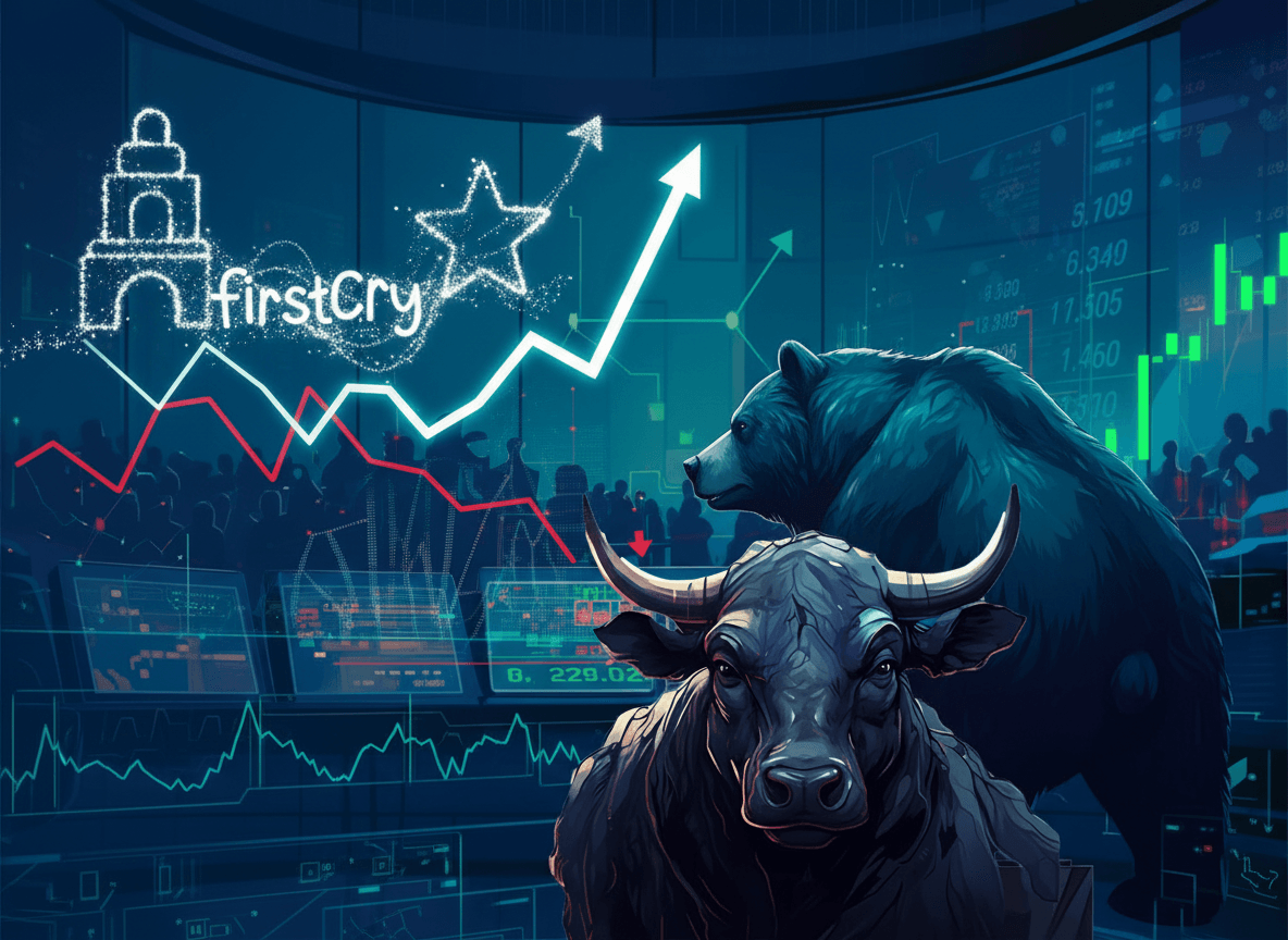 Bull and bear market figures in front of a digital stock chart showing an upward trend and the "FirstCry" logo.